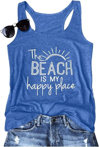 Women Vintage Beach Graphic Racerback Tank Top Summer Vacation Hawaiian Sunset Sun Sand Sleeveless Basic-Fit Shirt Cami in Saudi Arabia