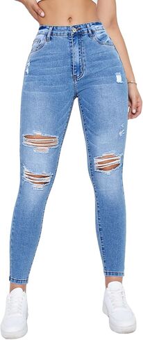 MakeMeChic Women's Ripped High Waisted Jeans Stretch Zipper Fly Skinny Denim Pants with Pockets in Saudi Arabia