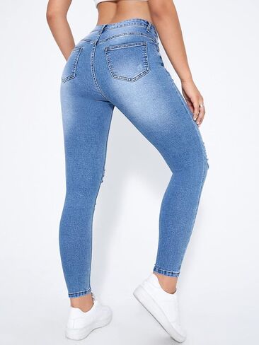 MakeMeChic Women's Ripped High Waisted Jeans Stretch Zipper Fly Skinny Denim Pants with Pockets in Saudi Arabia