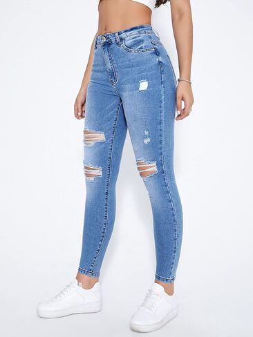 MakeMeChic Women's Ripped High Waisted Jeans Stretch Zipper Fly Skinny Denim Pants with Pockets in Saudi Arabia
