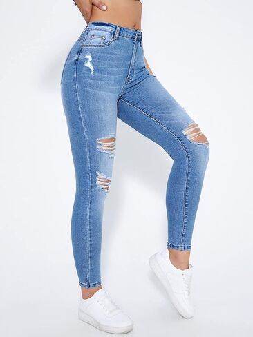 MakeMeChic Women's Ripped High Waisted Jeans Stretch Zipper Fly Skinny Denim Pants with Pockets in Saudi Arabia