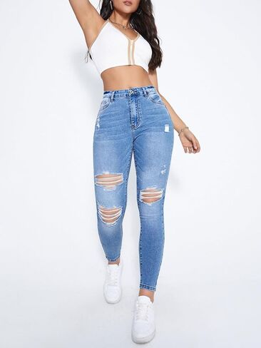 MakeMeChic Women's Ripped High Waisted Jeans Stretch Zipper Fly Skinny Denim Pants with Pockets in Saudi Arabia