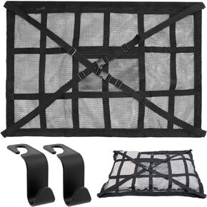 Car Ceiling Cargo Net Pocket + 2 Car Seat Back Hook, 31.5x21.65inch Double-Layer Mesh Car Roof Storage Organizer Road Trip Travel Essentials Camping Accessories(Black)