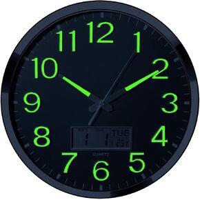 Plumeet Night Light 14’’ Large Bedroom Wall Clocks with Glowing LCD Display, Silent Battery Operated Clock Decorate Living Room, Digital Display Date Week Temp (Blue)