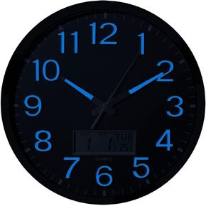 Plumeet Night Light 14’’ Large Bedroom Wall Clocks with Glowing LCD Display, Silent Battery Operated Clock Decorate Living Room, Digital Display Date Week Temp (Blue)