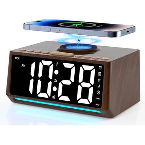 Retro Wooden Digital Clock Large Display with FM Radio, Bluetooth Speaker, Wireless Charger Station for iPhone/Samsung, Dimmer, Timer, 7 Lights, 10 Sounds, Bedside Alarm Clock for Bedroom, Wood Décor