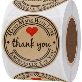 Hybsk Kraft Thank You Hand Made with Love with Red Heart Stickers 2 Inch Round Total 300 Adhesive Labels Per Roll