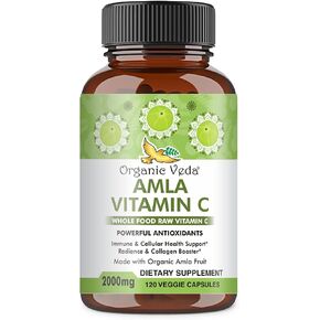 Organic Veda Amla Capsules Natural Vitamin C Supplements - Organic Whole Food Vitamin C Amla Powder for Immunity, Skin Radiance, Antioxidants Wellness - Non GMO, Raw Vegan Vitamin C Capsules 120