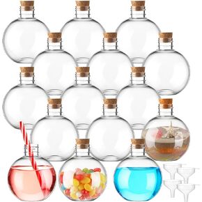 Jinei 15 Pcs 6 oz Spherical Plastic Potion Bottles Ball Shape Sand Art Bottles with Funnel Christmas Cocktail Ornament Balls Candy Jar for DIY Wedding Party Crafts Decoration(Gold, Aluminum Cap)