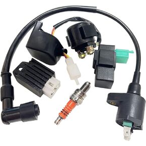 Ignition Coil Kit with Solenoid Relay Voltage Regulator Spark Plug Compatible with 50cc 70cc 90cc 110cc 125cc ATV Go Kart Dirt Bike Pit Bike