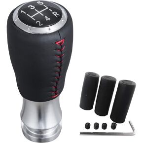 Arenbel 5 Speed MT Gear Shifter Stick Handle Replacement Red Stitched Leather Shift Lever Knob Fit Most Manual Cars, Black