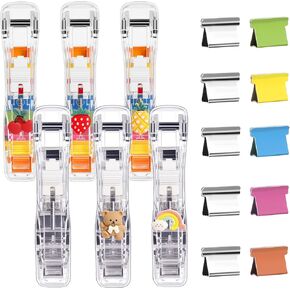 6pcs Paper Clip Dispenser,Clam Clip Dispensers with 200 Metal Refill Clips,Handheld Reusable Creative Stapler Push Clamp File