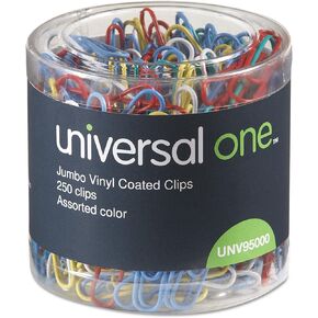 Universal UNV95000 Plastic-Coated Jumbo Paper Clips with One-Compartment Dispenser Tub - Assorted Colors (250/Pack)