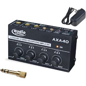AXA40 Mini 4 Channel Combination 1/4" and 3.5mm TRS Stereo Headphone Amplifier w/Two 3.5mm and Two ¼" TRS Stereo Outputs Includes 12V Power Supply and One 3.5mm to ¼" Audio Adapter