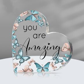 Yulejo Inspirational Gift You are Amazing Sign Acrylic Butterfly Decor Heart Shape Keepsake Rustic Butterflies Decoration Table Centerpiece for Coworker Employee Teacher Student(Blue)