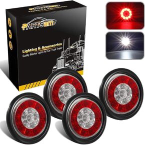 Partsam 4Pcs 4" Inch Round LED Trailer Tail Lights with Backup Reverse Lights 16LED Waterproof Stop Brake Tail Running Utility Lights Lamps DC 12V Sealed, Hardwired with Grommet (Not Plug and Play)