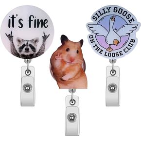 3PCS Funny Badge Reels Retractable, Cute Hamster Racoon Silly Goose Nurse Badge Reel, with Swivel Alligator Clip