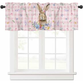 Easter Curtain Valances for Windows, Bunny Easter Eggs Floral Spring Pink Plaid Rod Pocket Valance Window Treatments Short Curtains for Seasonal Holiday, Home Party Decor 42 x 12 Inches, 1 Panel