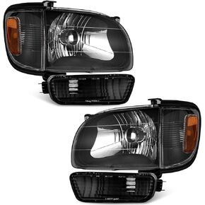For 2001-2004 Toyota Tacoma Headlights Assembly For 01 02 03 04 Toyota Tacoma Headlight Replacement+Corner Parking Signal Lights+Bumper Light Black Housing Amber Reflector Left and Right Side