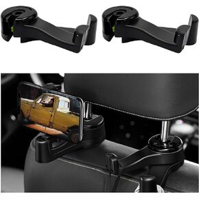 2 in 1 Car Headrest Hidden Hook, 360° Rotatable Automotive Seat Hook with Phone Holder, Multifunctional Vehicle Back Seat Hook Hanger for Phone, Purse, Cloth, Grocery (Black)