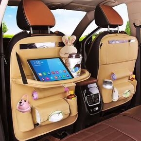 Backseat Car Organizer with Tray, Multi-Pocket PU Leather Backseat Organizer with Tray, Back Seat Tray Table for Cars, Backseat Organizer for Car with Tray Beige