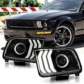 ACANII - For 2005-2009 Ford Mustang Black Housing LED Tube Projector Headlights Headlamps Assembly Pair Set Left+Right