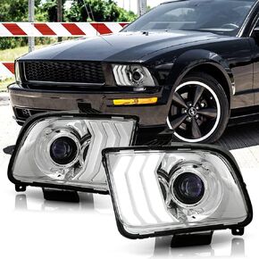ACANII - For 2005-2009 Ford Mustang Black Housing LED Tube Projector Headlights Headlamps Assembly Pair Set Left+Right