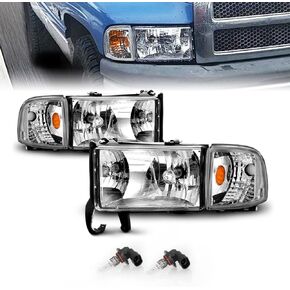 AmeriLite for Dodge 1994-2001 Ram 1500 | 94-2002 Ram 2500 3500 Black OE Halogen Replacement Headlights Assembly w/Corner Lights Set - Passenger and Driver Side