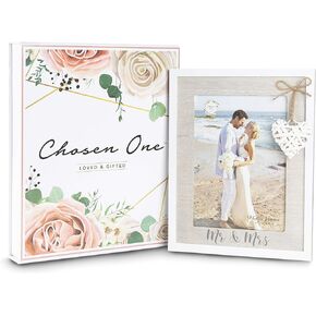 Mr & Mrs 5x7 Picture Frame by Chosen One – Rustic White Picture Frames with Heart Accent – Bridal Shower Gifts, Engagement Frame and Wedding Gifts for the Couple – Beach Style Wooden Picture Frame