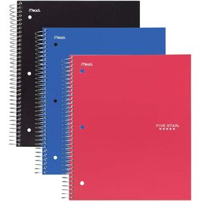 Five Star Spiral Notebooks, 1 Subject, Wide Ruled Paper, 100 Sheets, 10-1/2" x 8", Red, Black, Blue, 3 Pack (73059)