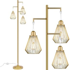 QiMH Industrial Floor Lamp for Living Room,LED Farmhouse Standing Lamp with 3 Birdcage Hanging Shade, Dimmable Tall Lamp Rustic Home Decor for Bedroom Office, Black (Bulbs Included)