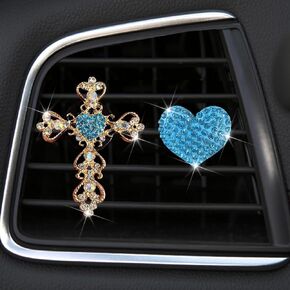 2 Pack Car Vent Clip Bling Car Accessories,Crystal Cross and Heart Car Vent Clip Air Freshener,Car Diffuser Vent Clip Diamond Car Decoration Car Essentials for Women(Blue)