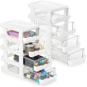 2 Pack Desk Organizers with Drawers, Clear 4-Drawer Desktop Storage Unit, Plastic Storage Container Case, White Frame with Clear Drawers for Office, School, Crafts