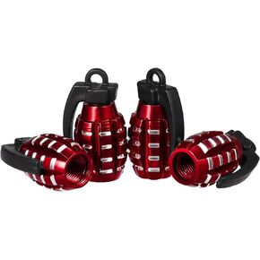 4pcs Aluminum Valve Stem Caps, Heavy-Duty Tire Valve Hand Grenade Style Stem Covers Airproof Seal for Cars SUV Trucks Motorcycles (Red)