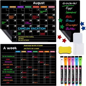 Magnetic Calendar for Fridge, 3 Pcs Dry Erase Board of Monthly & Weekly Refrigerator Reusable Planner Board, Includes 6 Markers, Magnetic Pen Holder, Eraser and Fridge Stickers
