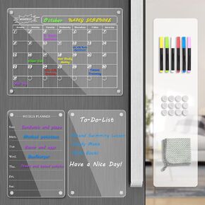 ENUODA Acrylic Magnetic Fridge Calendar Clear Dry Erase Calendar for Fridge 12 x 16 Inch Monthly Weekly Magnetic Refrigerator Calendar Includes 6 Dry Erase Markers, Rag and Silicone Protector(3 Sets)