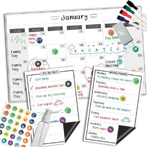 تقويم السبورة البيضاء المغناطيسية القابلة للمسح الجاف - 11 × 17 بوصة - لوحة كبيرة ممتازة قابلة لإعادة الاستخدام للثلاجة - مخطط ثلاجة المطبخ الأسبوعي ومنظم العادات الذرية الذكية in Kuwait