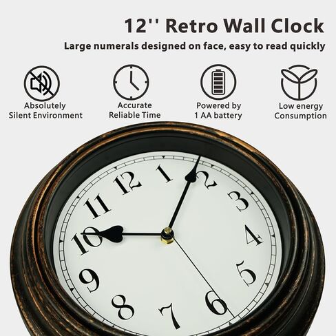 Retro Wall Clock, 10 Inch Vintage Silent Non Ticking Classic Clocks, Easy to Read, Quality Quartz Clock Battery Operated, Decorative Bedroom, Kitchen in Saudi Arabia