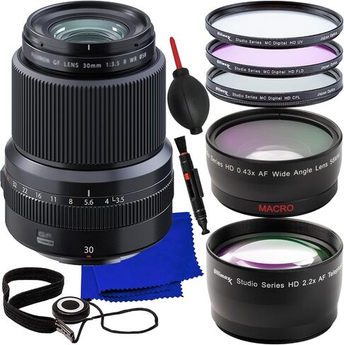 حزمة عدسة Ultimaxx Essential FUJIFILM GF 30mm f/3.5 R WR - تتضمن: ملحق عدسة واسعة الزاوية 0.43x مع ماكرو قابل للفصل، طقم مرشح حماية 3 قطع (UV، CPL، FLD) والمزيد (حزمة 14 قطعة) in Saudi Arabia