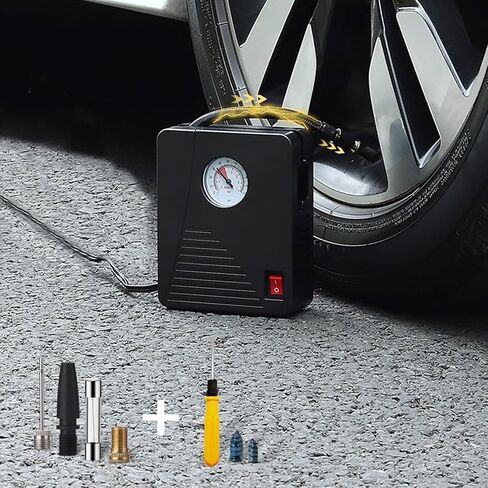 منفاخ الإطارات ضاغط الهواء المحمول مضخة الإطارات الكهربائية المصغرة 100 رطل لكل بوصة مربعة 12 فولت تيار مستمر مع شاشة عرض تناظرية، مع ضوء LED للسيارات والدراجات وكرة السلة وإكسسوارات السيارات in Kuwait