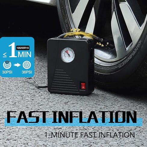 منفاخ الإطارات ضاغط الهواء المحمول مضخة الإطارات الكهربائية المصغرة 100 رطل لكل بوصة مربعة 12 فولت تيار مستمر مع شاشة عرض تناظرية، مع ضوء LED للسيارات والدراجات وكرة السلة وإكسسوارات السيارات in Kuwait