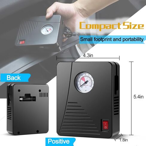 منفاخ الإطارات ضاغط الهواء المحمول مضخة الإطارات الكهربائية المصغرة 100 رطل لكل بوصة مربعة 12 فولت تيار مستمر مع شاشة عرض تناظرية، مع ضوء LED للسيارات والدراجات وكرة السلة وإكسسوارات السيارات in Kuwait