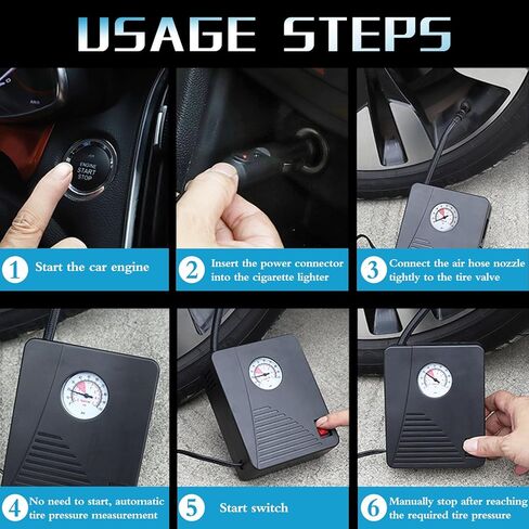 منفاخ الإطارات ضاغط الهواء المحمول مضخة الإطارات الكهربائية المصغرة 100 رطل لكل بوصة مربعة 12 فولت تيار مستمر مع شاشة عرض تناظرية، مع ضوء LED للسيارات والدراجات وكرة السلة وإكسسوارات السيارات in Kuwait