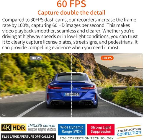 Dual Dash Cam Front and Rear, 4K/2.5K 60FPS, Full HD Dash Camera for Cars with Free 64GB Card, Built-in 5GHz WiFi, GPS, Audio Alert, Super Night Vision, 24H Parking Mode in Saudi Arabia