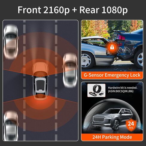 Dual Dash Cam Front and Rear, 4K/2.5K 60FPS, Full HD Dash Camera for Cars with Free 64GB Card, Built-in 5GHz WiFi, GPS, Audio Alert, Super Night Vision, 24H Parking Mode in Saudi Arabia