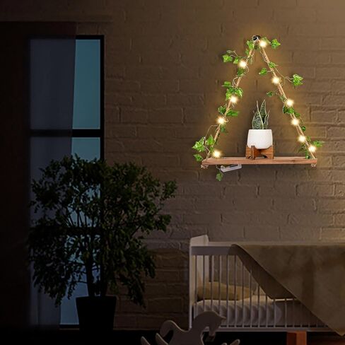 مجموعة أرفف معلقة مكونة من 2 - رف مكرامية مع كروم اللبلاب الاصطناعي LED ضوء أبيض دافئ - أرفف بوهو لغرفة النوم والحمام وغرفة المعيشة - حبل معلق على رف النبات لتزيين الحائط in Saudi Arabia
