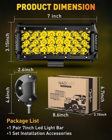شريط إضاءة LED مقاس 7 بوصات من NAOEVO، مصابيح LED للضباب/القيادة على الطرق الوعرة، مصابيح LED ثلاثية الصفوف بقدرة 50 وات 6000 لومين، مصابيح عمل LED لشاحنة قارب سيارة UTV ATV Jeep، عبوتان (أبيض) in Kuwait