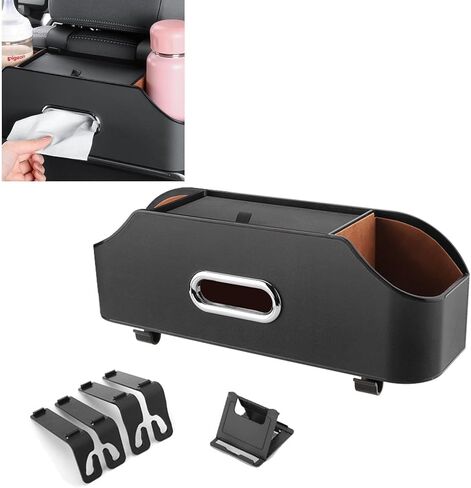 صندوق تخزين المقعد الخلفي لمسند رأس السيارة، صندوق مناديل منظم لمحرك السيارة الخلفي وصندوق تخزين مع حامل أكواب، صندوق تخزين متعدد الوظائف (أسود) in Kuwait