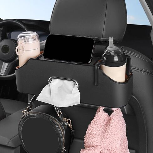 صندوق تخزين المقعد الخلفي لمسند رأس السيارة، صندوق مناديل منظم لمحرك السيارة الخلفي وصندوق تخزين مع حامل أكواب، صندوق تخزين متعدد الوظائف (أسود) in Kuwait