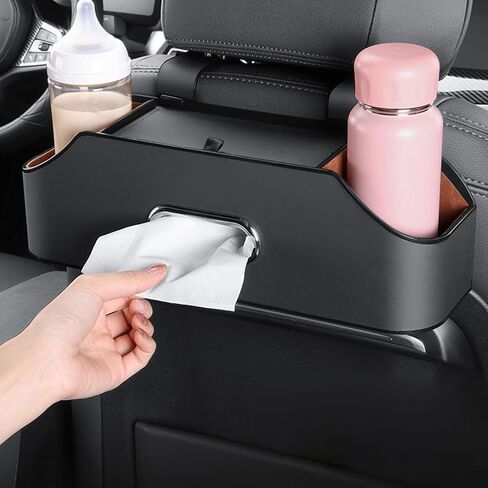 صندوق تخزين المقعد الخلفي لمسند رأس السيارة، صندوق مناديل منظم لمحرك السيارة الخلفي وصندوق تخزين مع حامل أكواب، صندوق تخزين متعدد الوظائف (أسود) in Kuwait